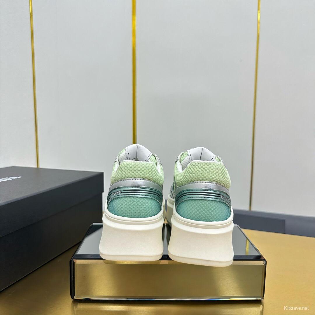 2025 Women Chanel Green Silver Mesh Leather Platform Sneakers