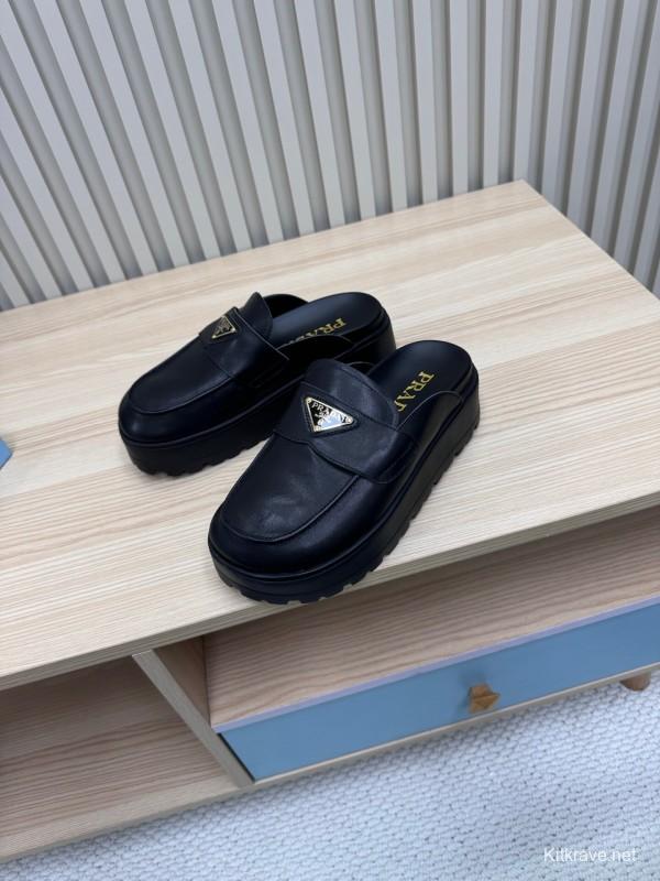 2025 Women Prada Black Leather Platform Loafers