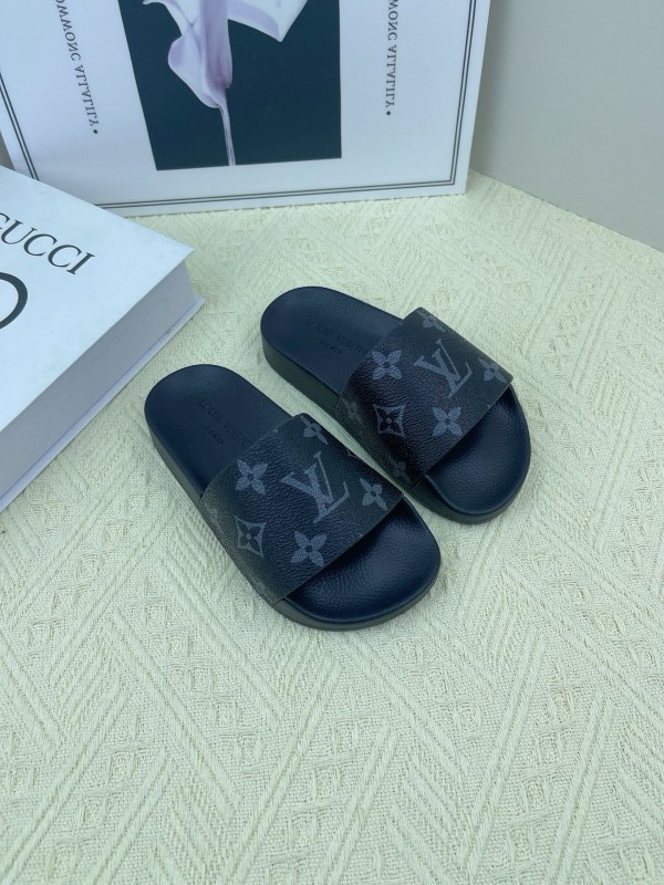 2025 Kids Louis Vuitton Brown Black Leather Slippers