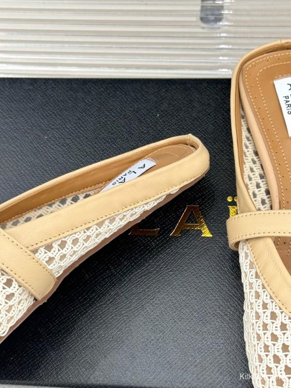 2025 Slippers ALALIA Beige Mesh Leather Flat Buckle