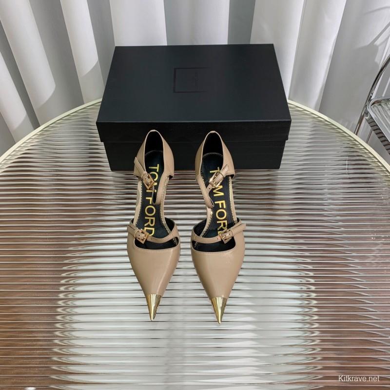 2025 Women TOM FORD Beige Leather Pointed Toe Metal Tip Pumps KFY00320