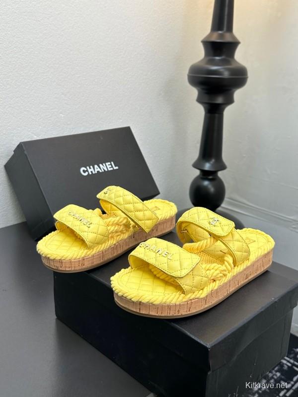 2025 CHANEL Yellow Quilted Fabric Slippers
