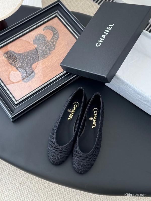 2025 Women Chanel Black Mesh Ballet Flats LY00280