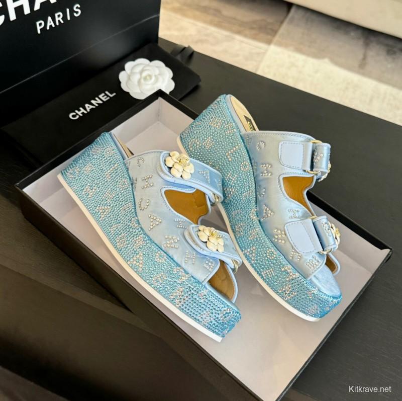 2025 Women Chanel Blue Denim Leather Platform Slippers LY00330