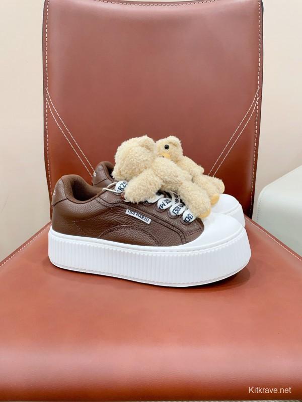 2025 Women 13DE MARZO Brown White Leather Plush Toy Sneakers KFY00300