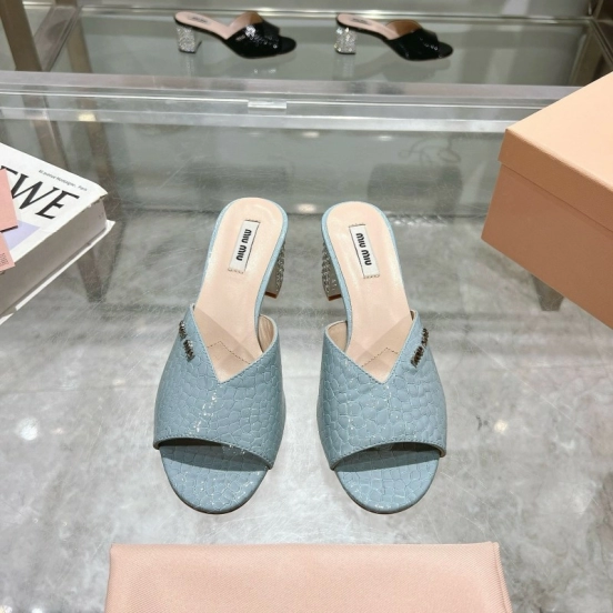 2025 Women Miu Miu Light Blue Leather Mules