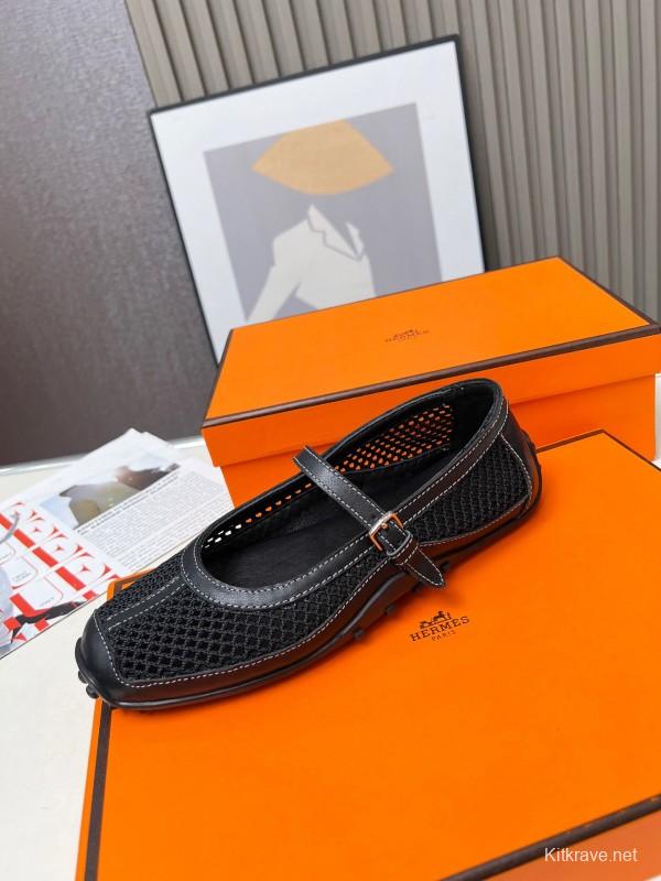 2025 Women Hermès Black Leather Mesh Mary Jane LY00230