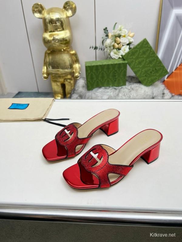 2025 Women Gucci Red Leather Slippers MJ00190
