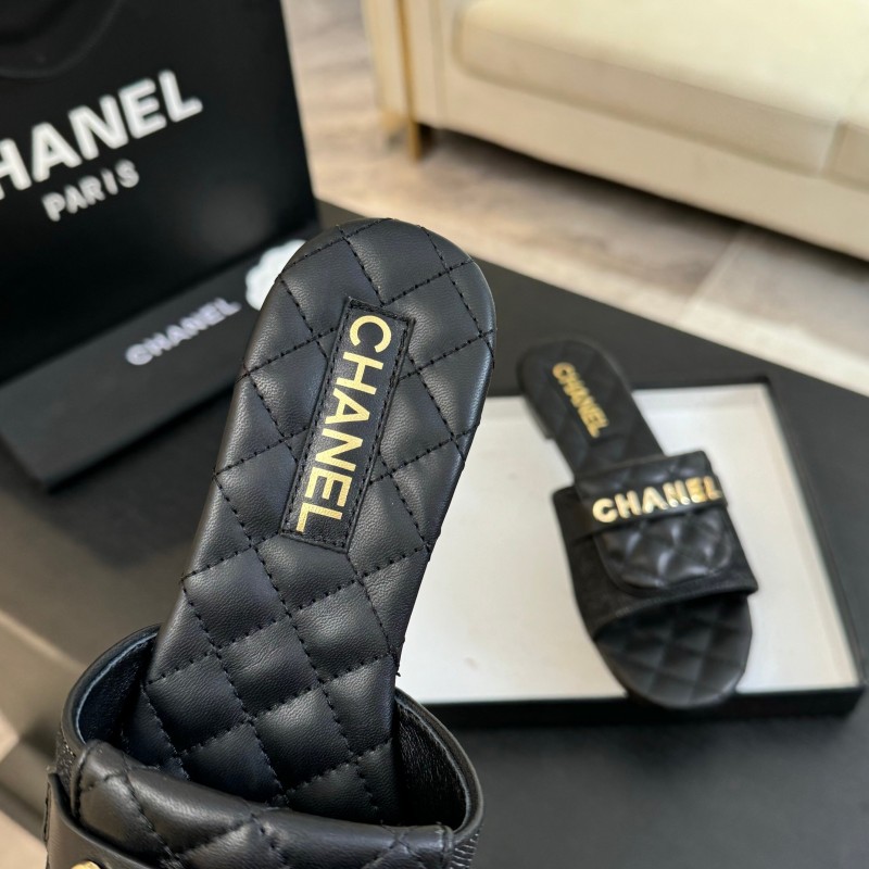 2025 Women Chanel Black Leather Slippers