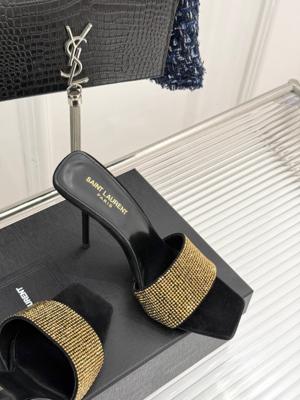 2025 Women Yves Saint Laurent Black Gold Leather High Heel Slip-On LY00300