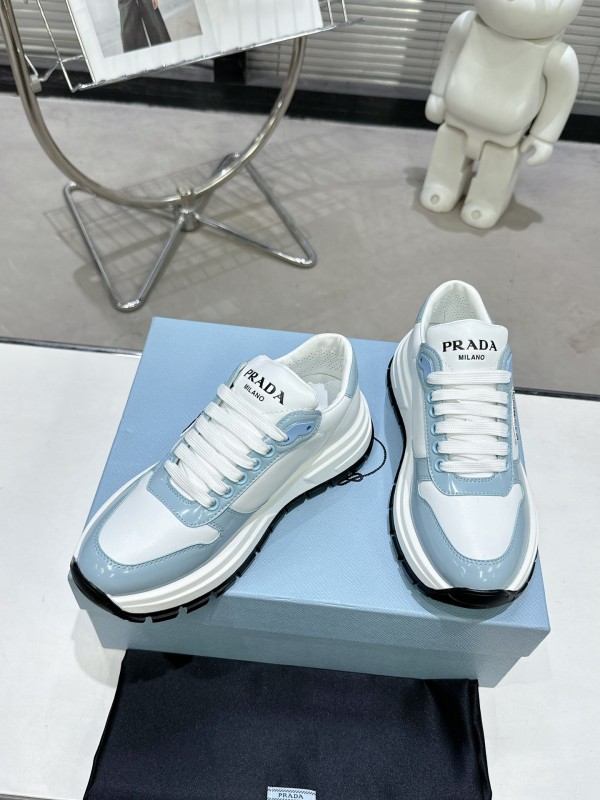 2025 Women Prada Light Blue White Leather Sneakers KFY00310