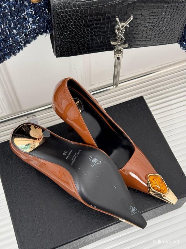 2024 Women Yves Saint Laurent Brown Patent Leather High Heels Metal Tip MJ00330