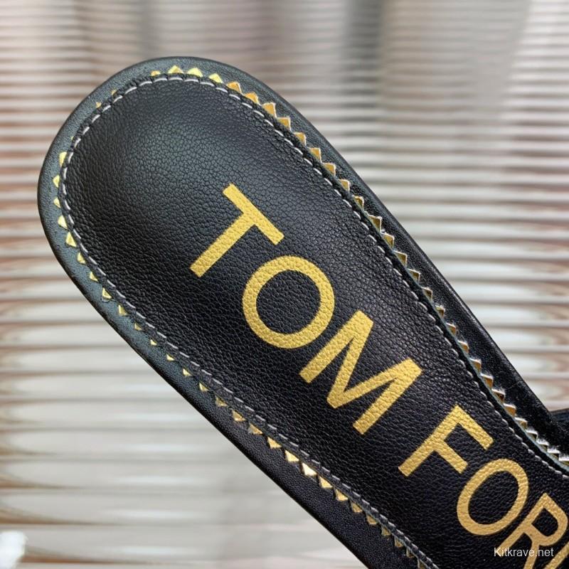 2025 Women TOM FORD Black Gold Leather Heeled Mules KFY00300