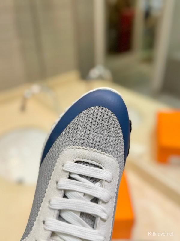 2024 Unisex Hermès Blue Grey Orange Suede Rain Cloth Sneakers MJ00320