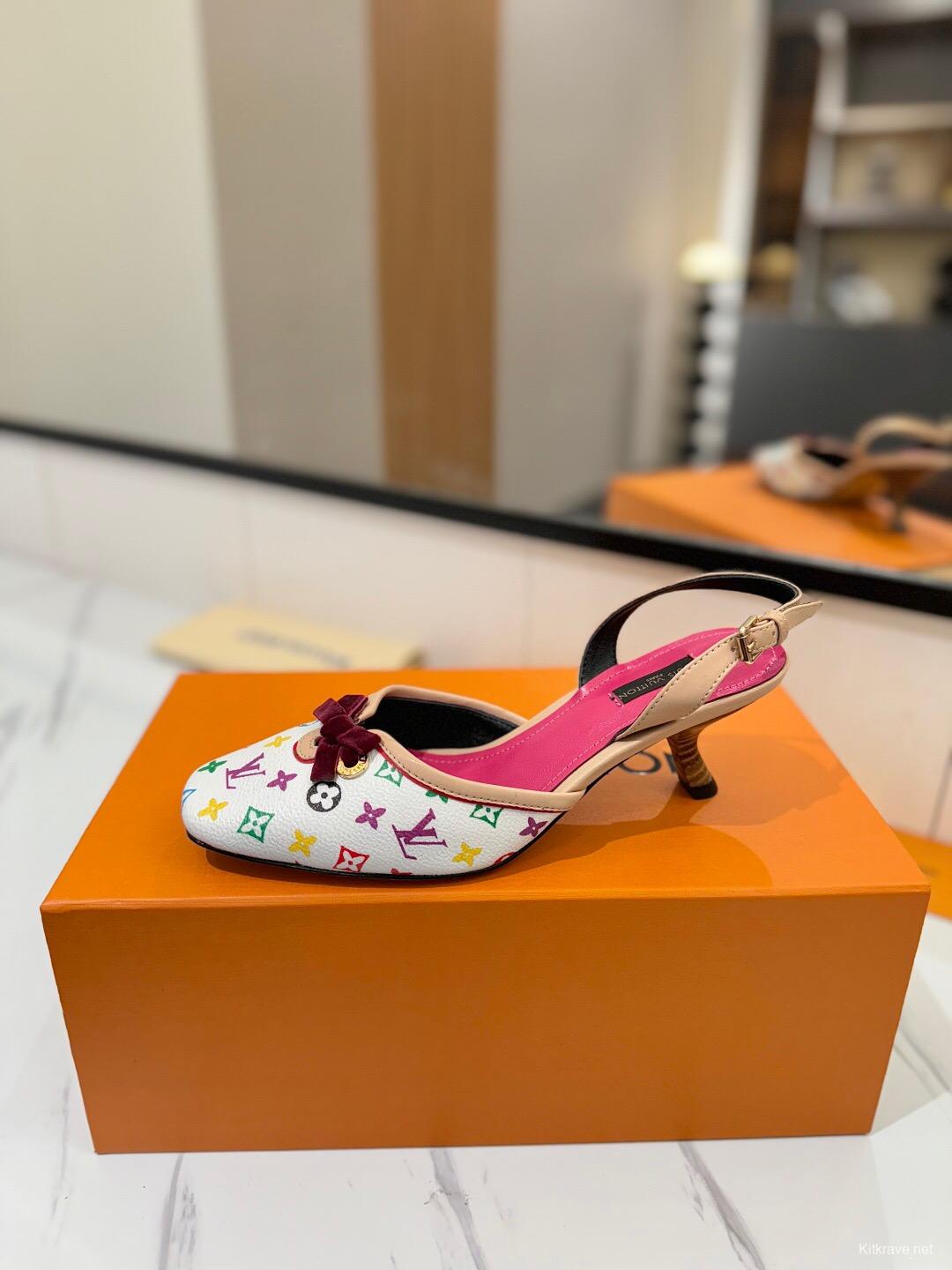 2025 Women Louis Vuitton White Multicolor Canvas Slingback Heels KFY00310