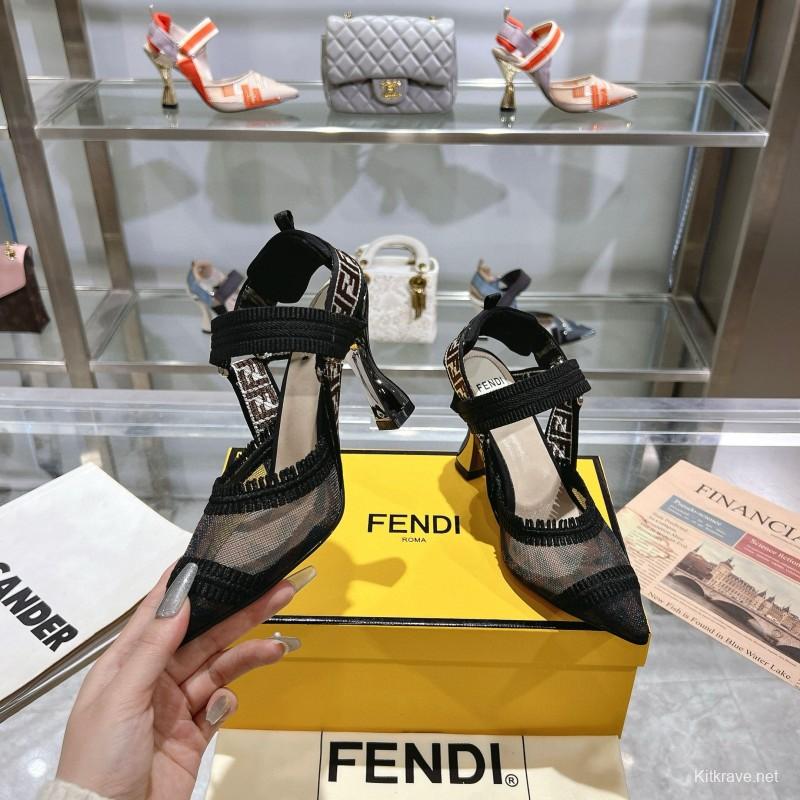 2025 Women Fendi Black Beige Mesh Leather Heels MJ00280