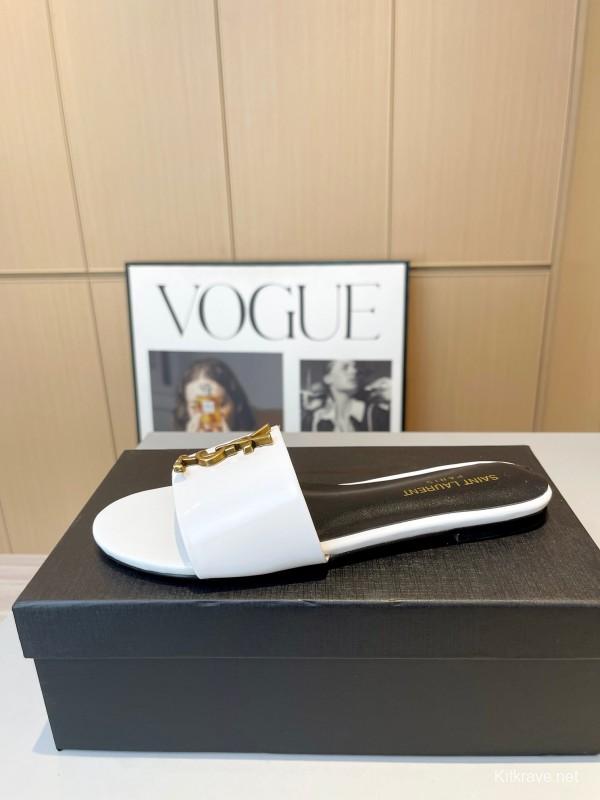 2025 Women Yves Saint Laurent White Leather Slippers LY00180
