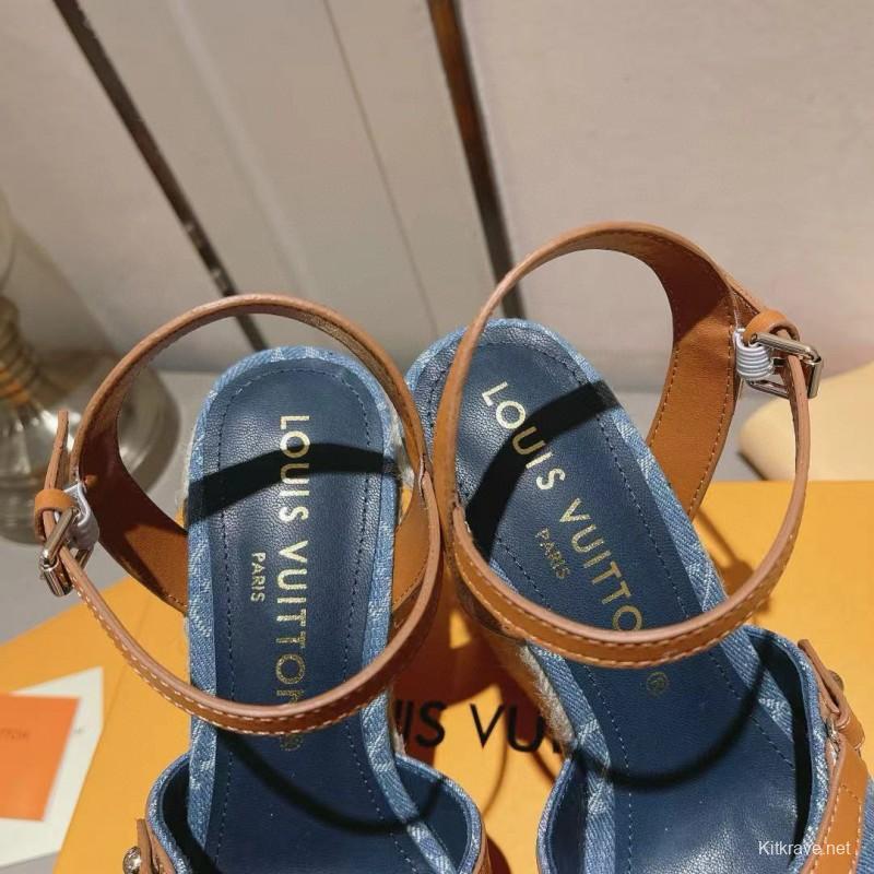 2025 Women Louis Vuitton Blue Denim Leather Espadrilles Sandals MJ00280