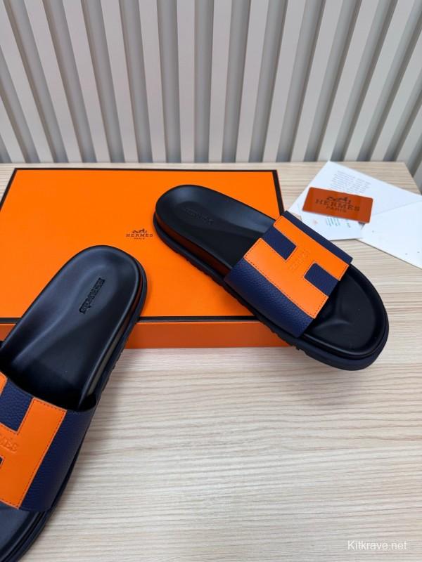 2025 Slippers Hermès Orange Navy Leather Slippers