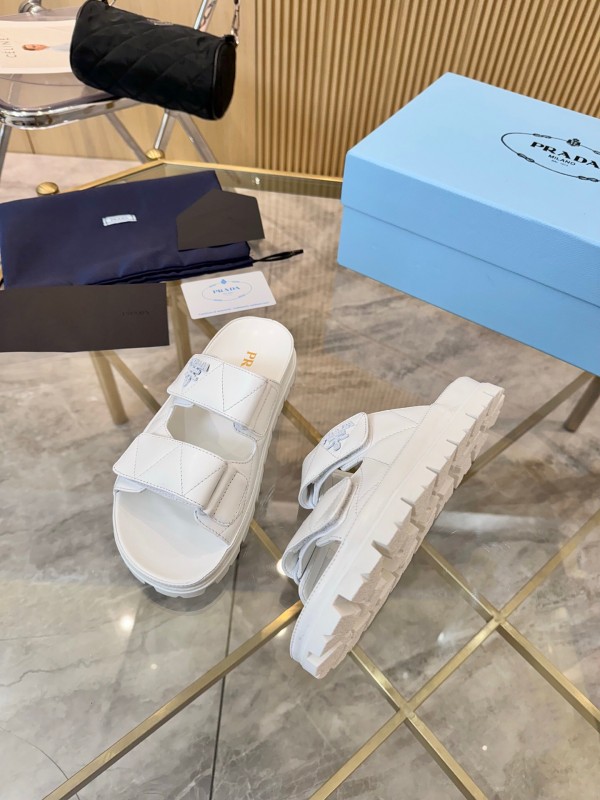 2025 Women Prada White Leather Slippers LY00270