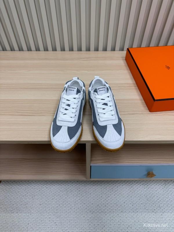 2025 Unisex Hermès White Grey Suede Canvas Sneakers KFY00300