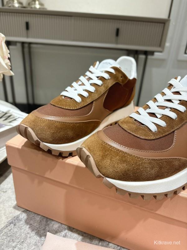 2025 Unisex Gianvito Rossi Brown White Leather Suede Mesh Sneakers KFY00340