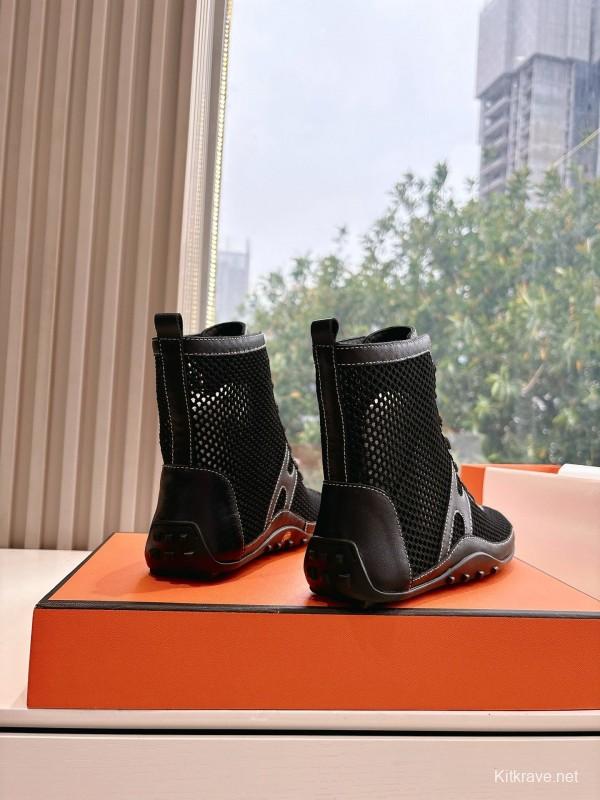 2025 Women Hermès Black Mesh Leather Boots
