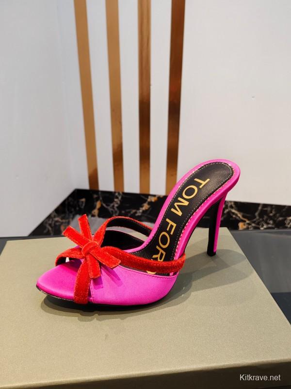 2025 Women TOM FORD Pink Red Silk Velvet High Heel Mules KFY00290