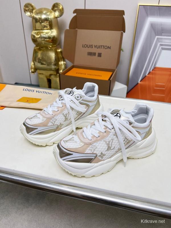 2025 Women Louis Vuitton White Beige Mesh Leather Sneakers LY00340