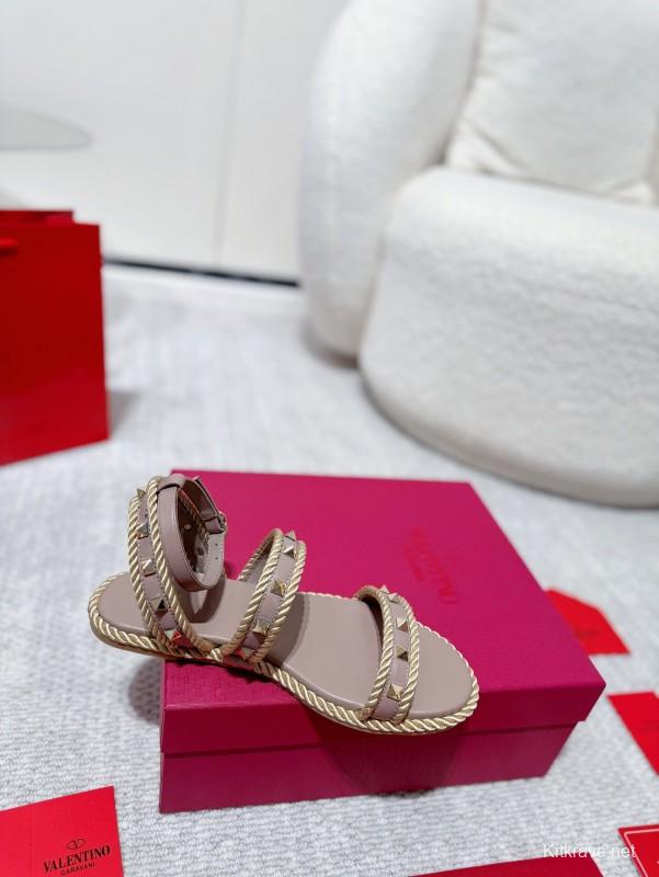 2025 Women Valentino Beige Leather Rope Espadrille Sandals LY00250