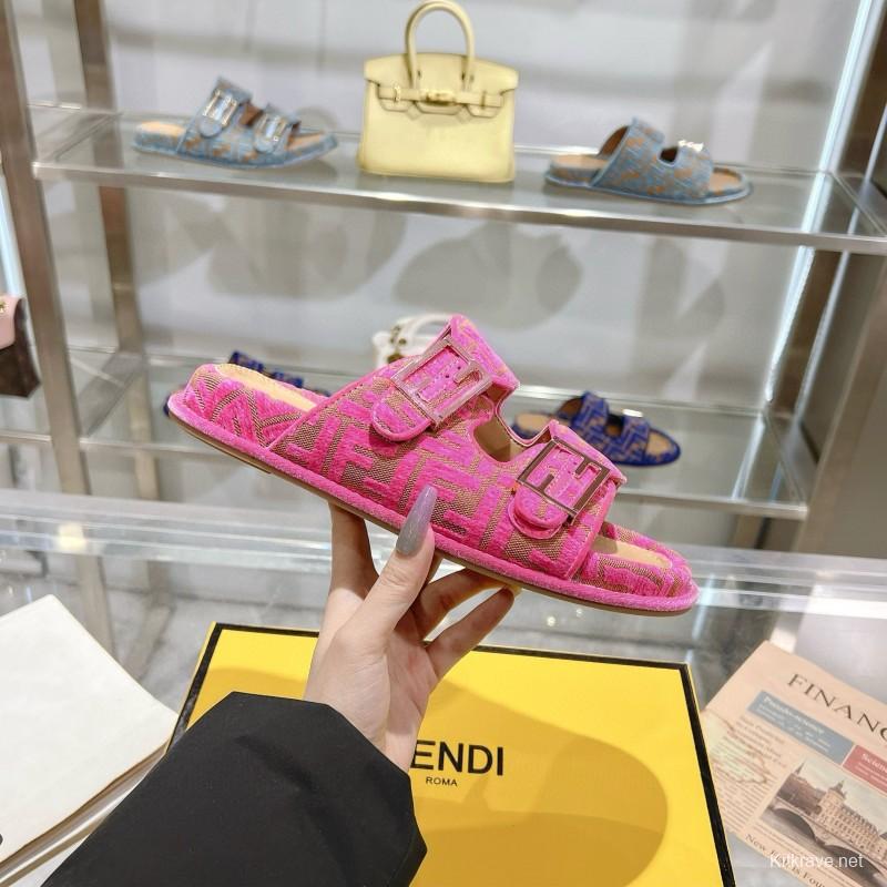 2025 Slippers Fendi Pink Jacquard Fabric Flat Buckle MJ00230
