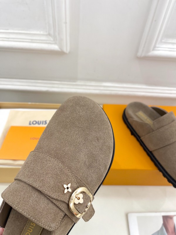 2025 Women Louis Vuitton Brown Suede Slippers Flower Buckle KFY00300