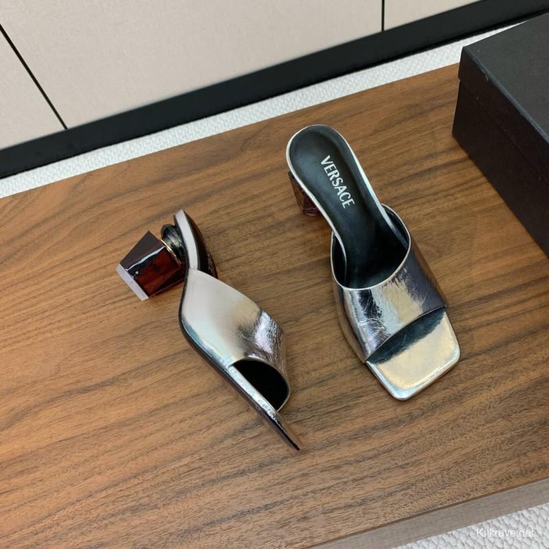 2025 Women VERSACE Silver Leather Slippers
