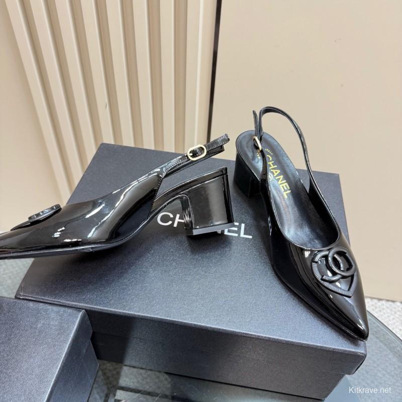2025 Women Chanel Black Patent Leather Slingback Pumps