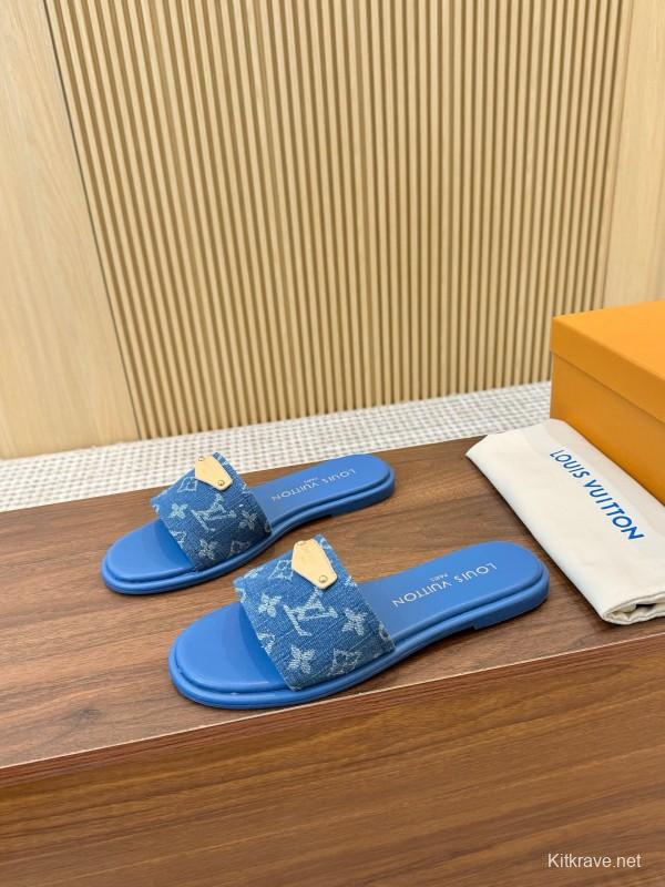 2025 Women Louis Vuitton Blue Denim Leather Slippers LY00200