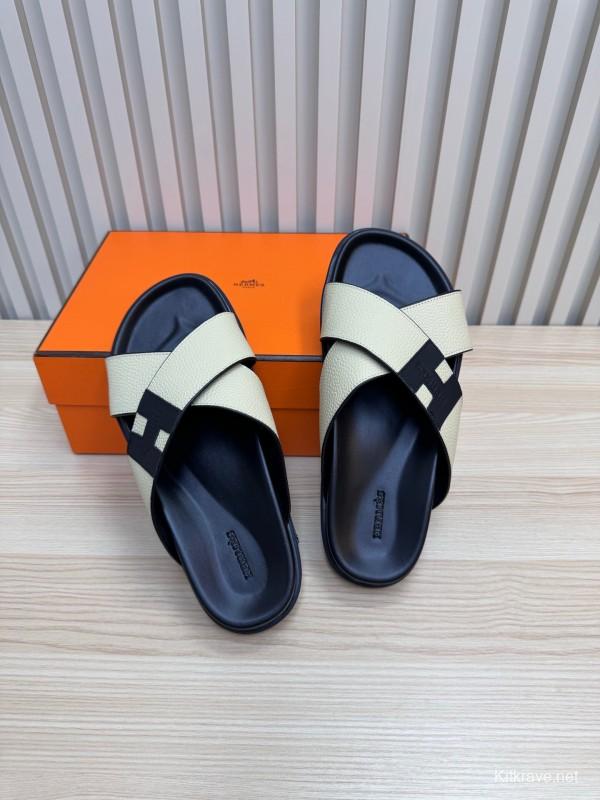 2025 Slippers Hermès Black Ivory Leather Cross Strap