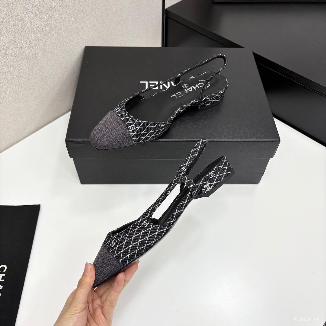 2025 Women Chanel Black White Fabric Leather Slingback LY00240