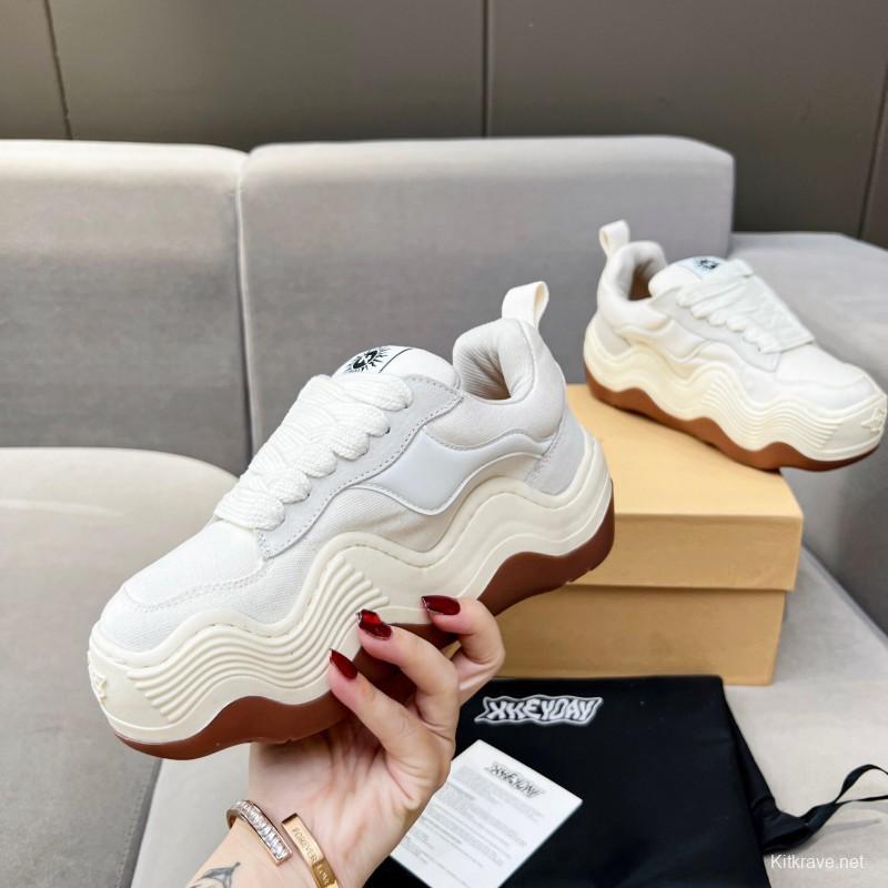 2025 Unisex HEYDAY White Brown Canvas Leather Wave Sneakers KFY00260