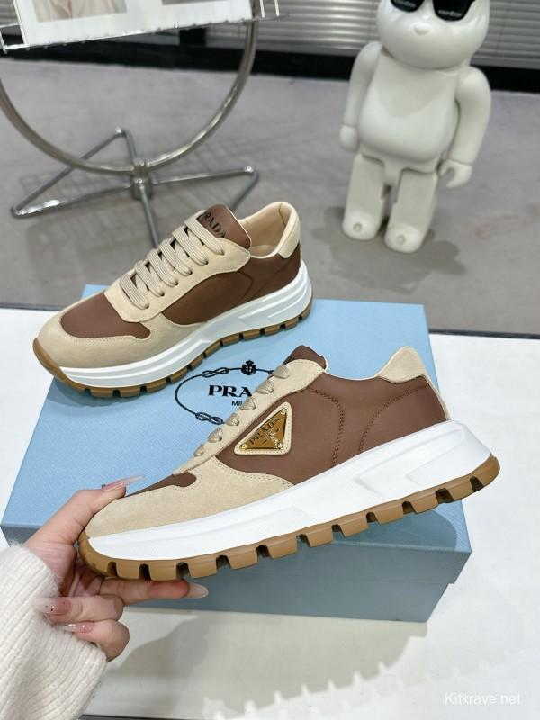 2025 Women Prada Beige Brown Leather Sneakers KFY00310