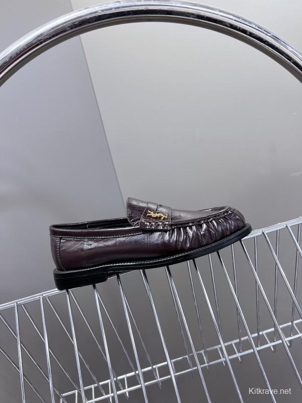 2025 Women Yves Saint Laurent Black Calf Leather Loafers KFY00350