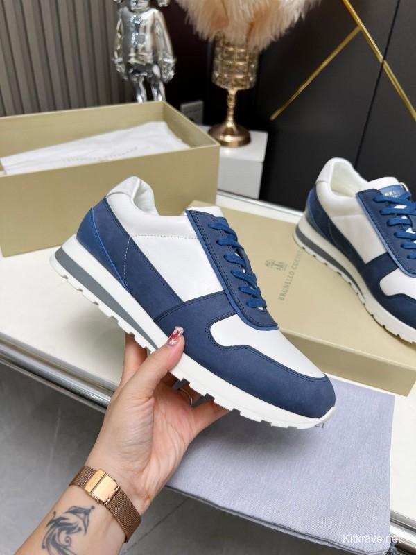 2024 Men Brunello Cucinelli Blue White Suede Calfskin Sneakers MJ00360