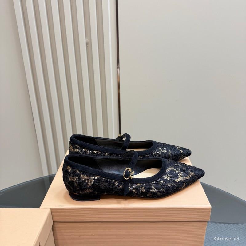 2025 Women Gianvito Rossi Black Lace Leather Mary Jane KFY00260