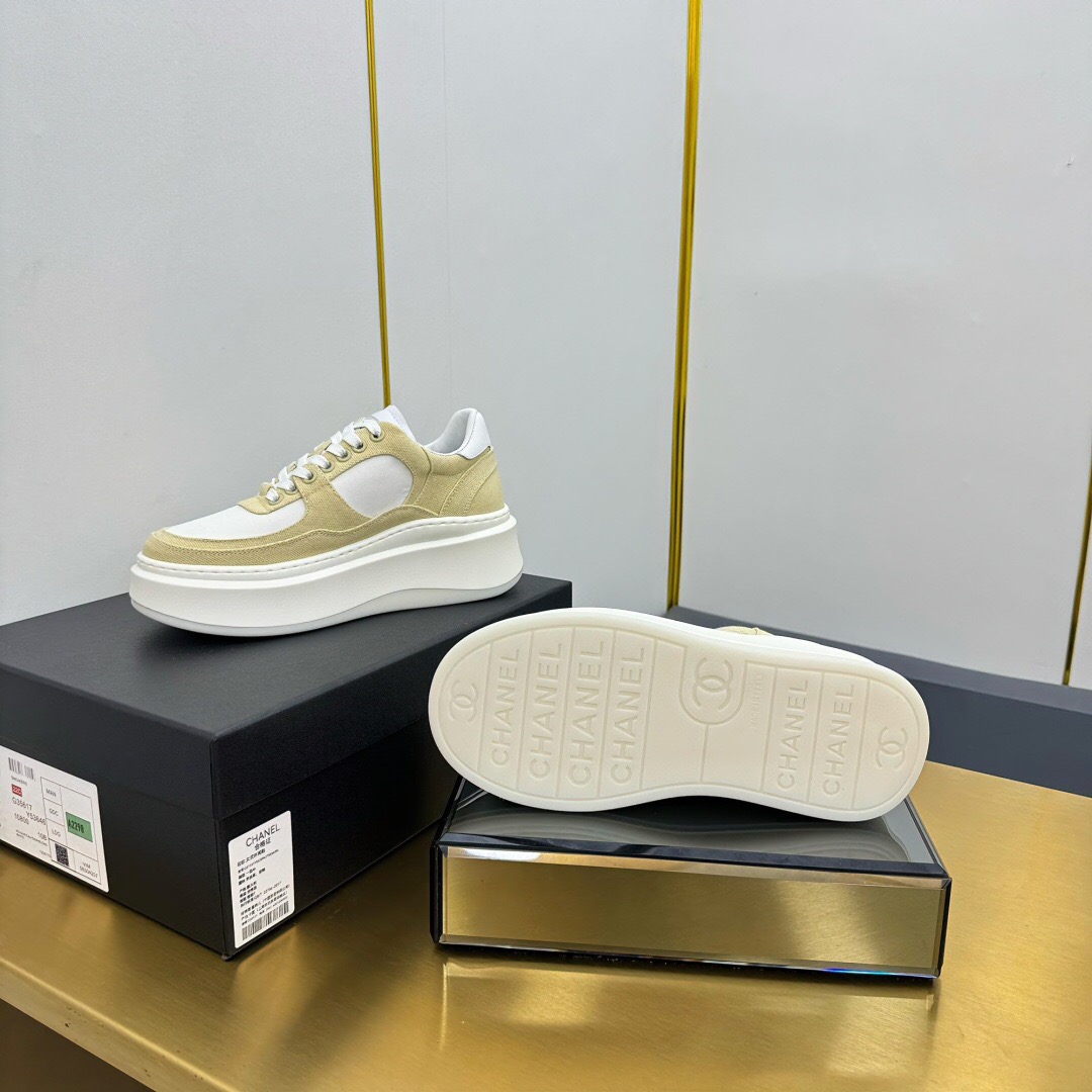 2025 Women Chanel Beige White Canvas Leather Sneakers