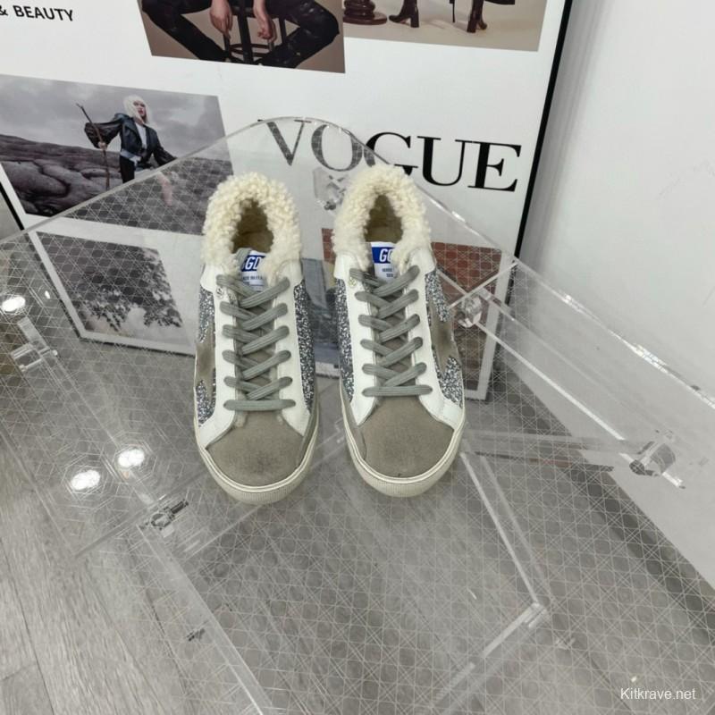 2025 Women GGDB White Silver Suede Leather Glitter Star Sneakers