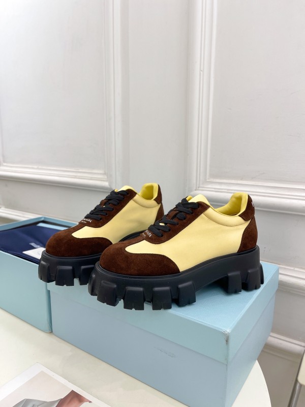 2025 Unisex Prada Yellow Brown Suede Silk Sneakers KFY00310(F)/KFY00330(M)