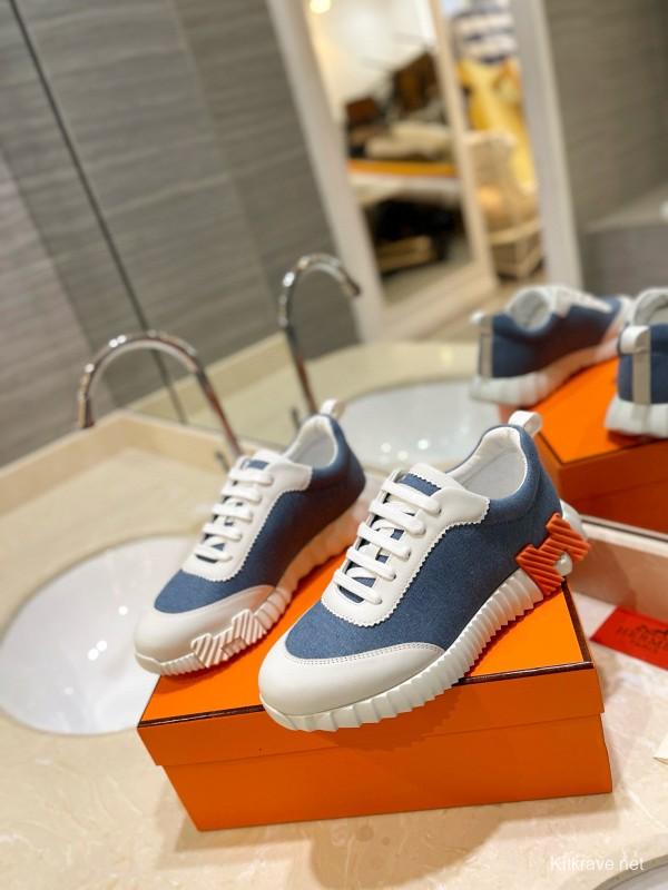 2024 Unisex Hermès Blue White Imported Silk Lambskin Casual Sneakers MJ00320