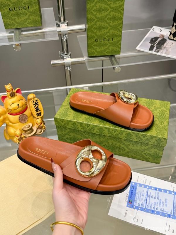2025 Gucci Brown Leather Slippers