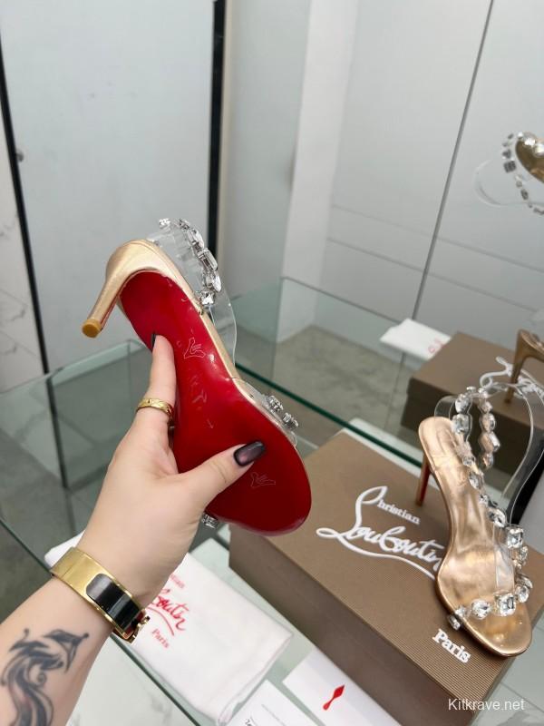 2025 Women Christian Louboutin Gold PVC Crystal High Heel Sandals LY00300