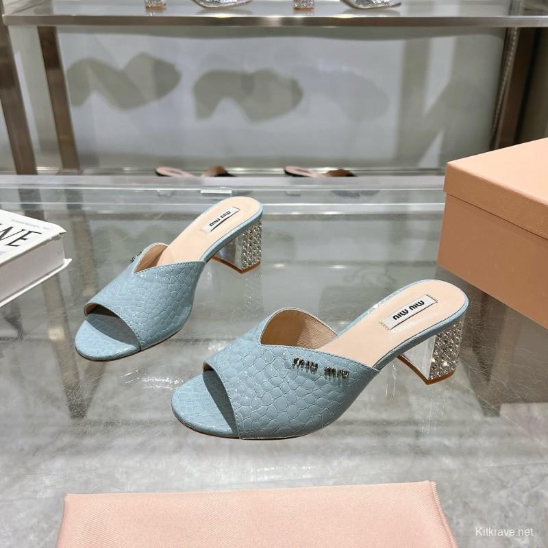 2025 Women Miu Miu Light Blue Leather Mules