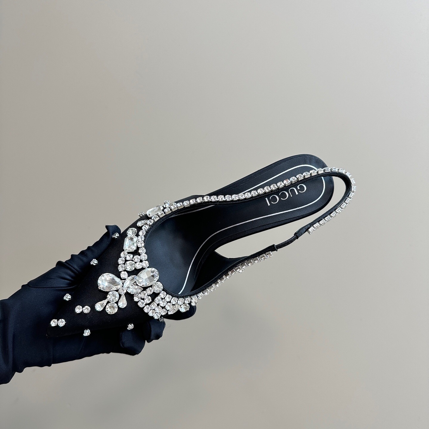2025 Women Gucci Black Satin Crystal Embellished Slingback Heels